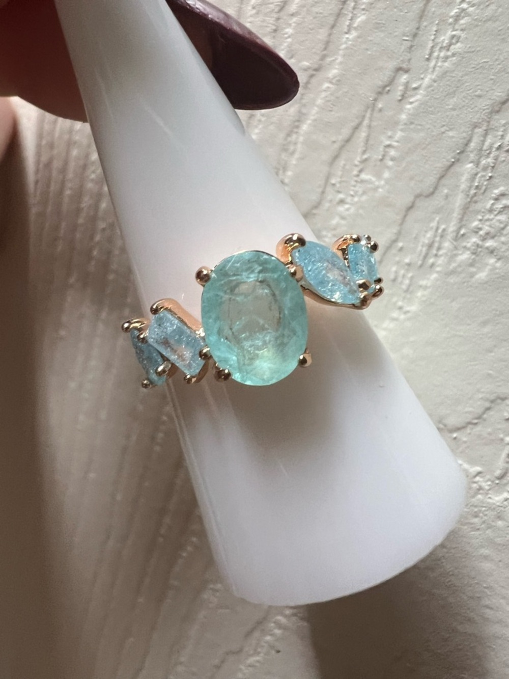Rose Gold Ring with Aquamarine-Colored Oval Center Stone - Picture 2 of 6